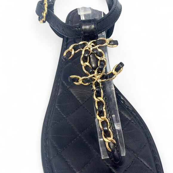 CHANEL Black & Gold CC Logo T-Strap Leather Sandals IT36 - Picture 1 of 10